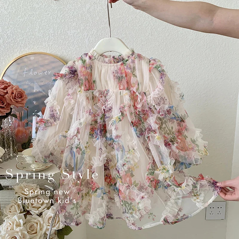 Spring and Autumn Girls Dress Round Neck Long Sleeve Flower Stickers 18 Year Old Princess Childrens Clothing 250303