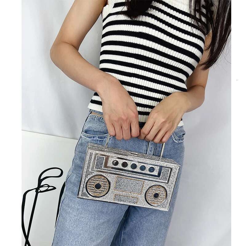 Dia Radio Shape Party Evening Clutch For Wedding Metal Handle Designer Purse And Handbags Chic Chain Shoulder Bag