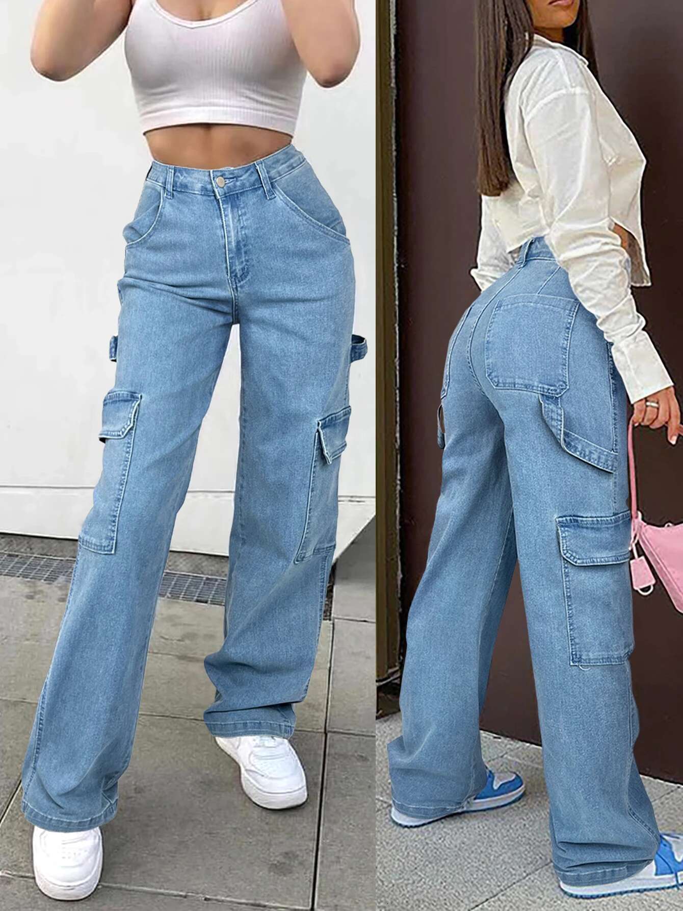 Women's Plain Wash Blue Denim Overalls, Vintage Style, Stylish Pocket Street Style Jeans, Stretch Comfortable Women's Jeans