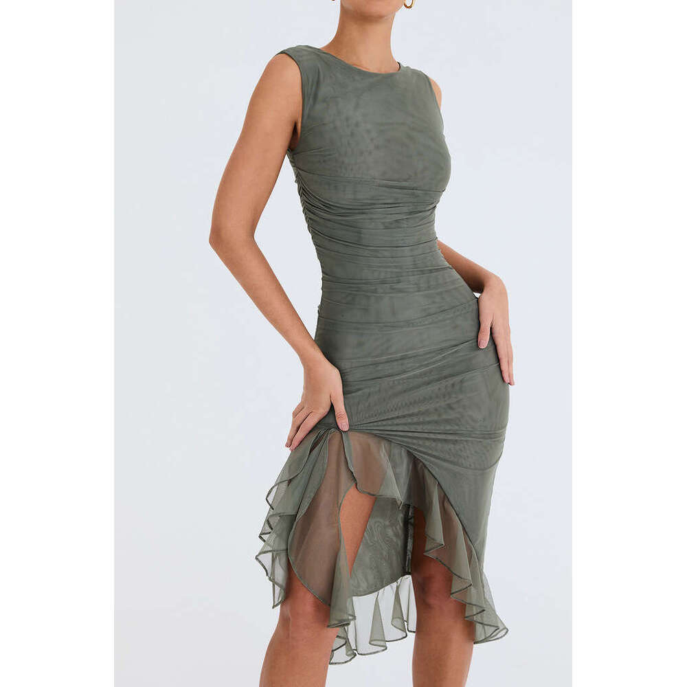 Summer Round Collar Sleeveless Fashionable Hot Selg Sexy Tight Back Fold Middle Long Dress 2025 New Casual Versatile Fashion Clothing