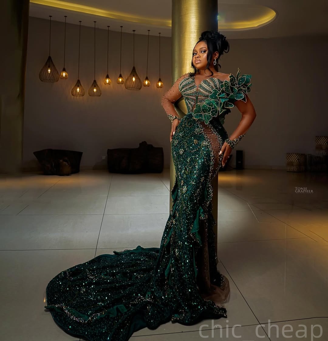 Dark Green Mermaid Prom Dresses 2025 Illusion Crystals Flowers Evening Formal Party Second Birthday Engagement Gowns Plus Size Dress For Special Occas