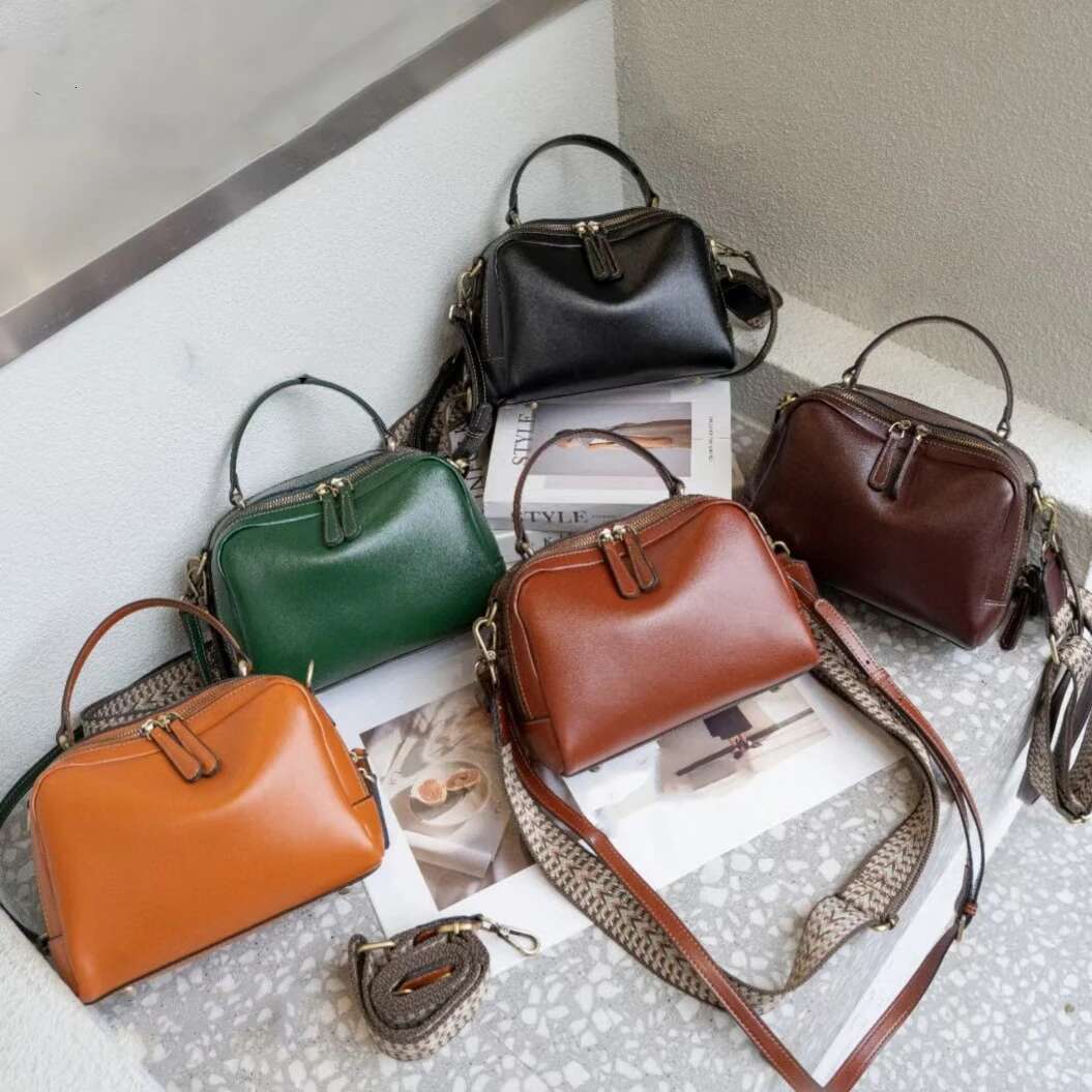 Vintage Genuine Leather Wide Strap Crossbody Shoulder Bags For Women Trend Designer Boston Tote Ladies Handbags