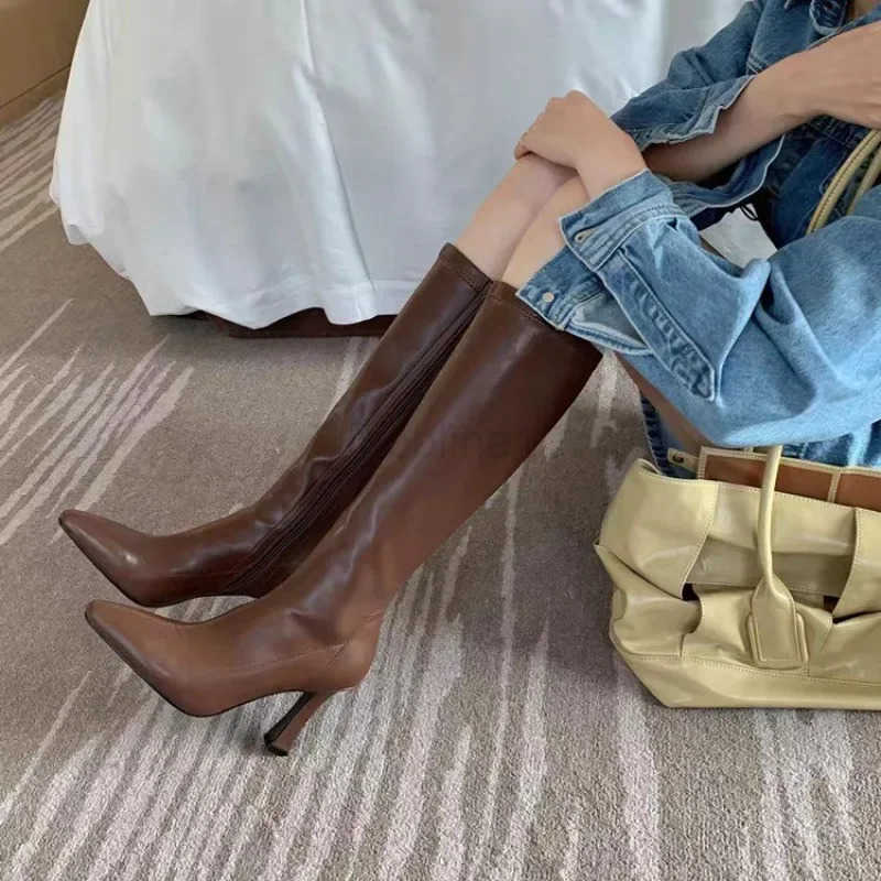 2025 Winter Wen Long Boots Fion Thin High Heel Knee High Booties Ladies Black Brown Sexy Wan Knight Boats Botas De Mujer Z250304