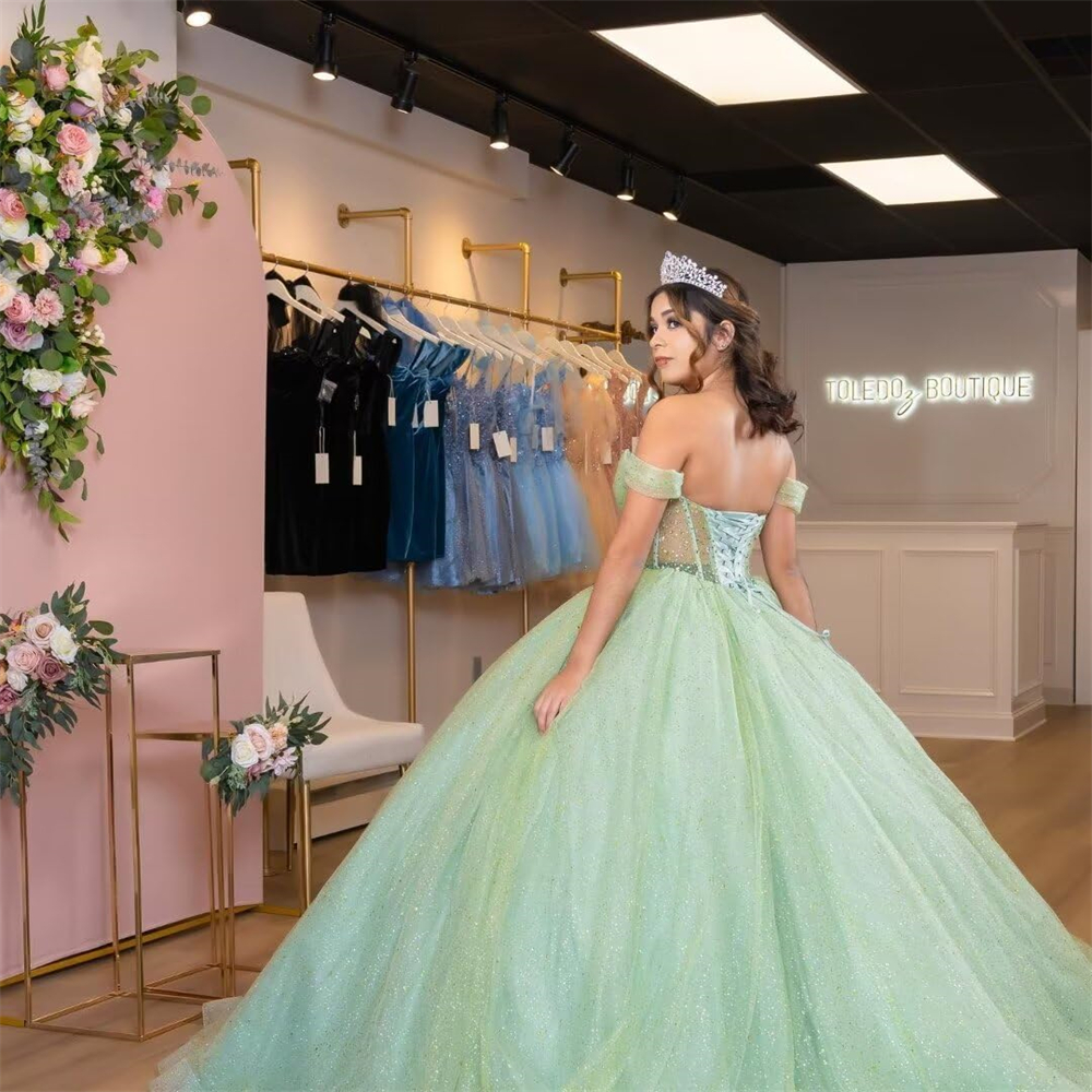 Ball Gown Quinceanera Dresses Sequins Beading Off the Shoulder V-Neck Lace-up Plus Size Sweet 15 16 Princess Birthday Party Gowns Vestidos De 15 Anos 