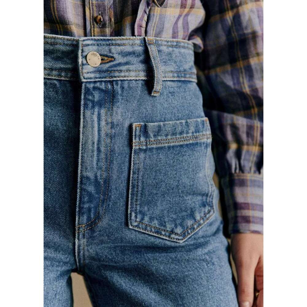 Retro Double Pocket Washed Dark Blue Jeans Women High Waist Slim Wide Leg Pants