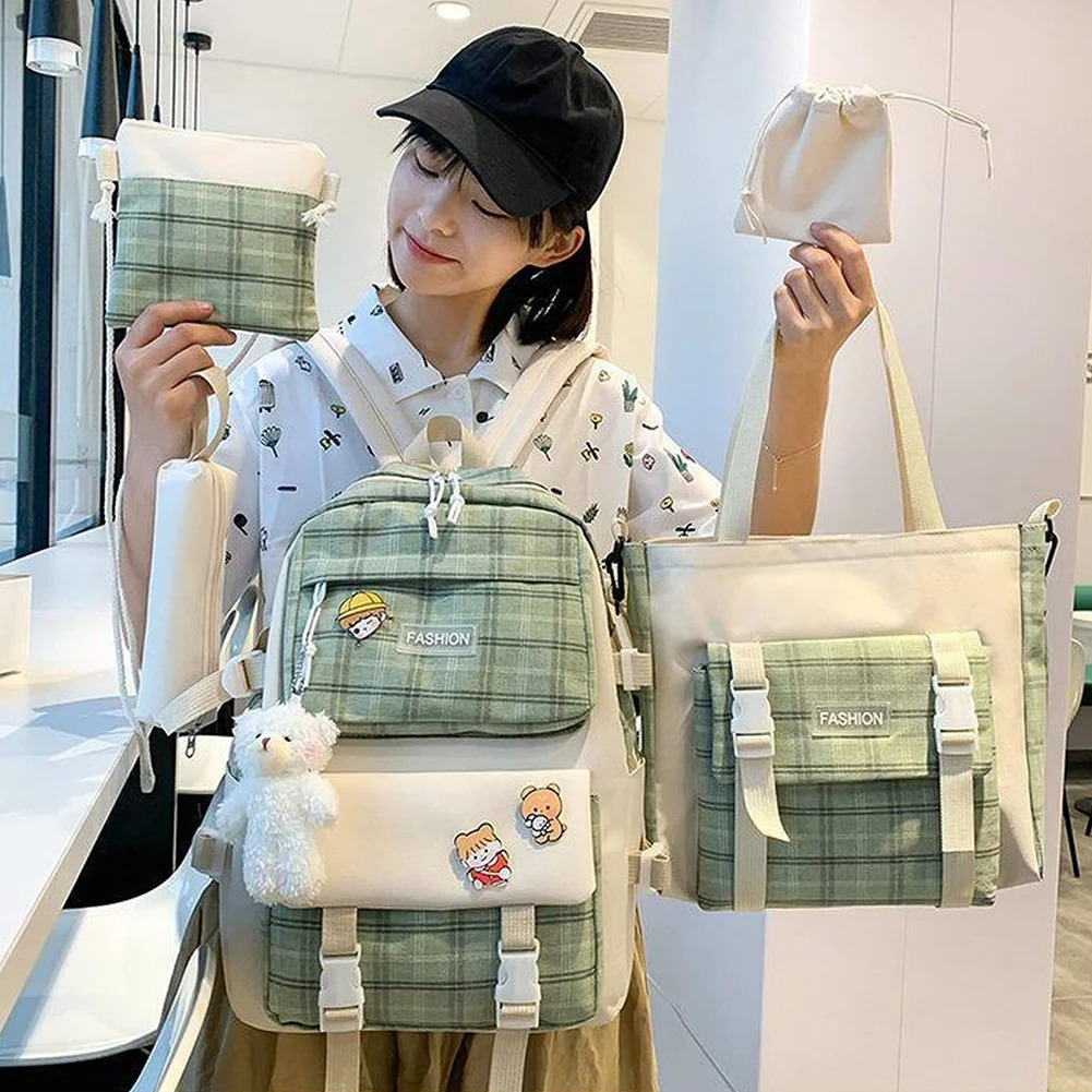 Ship from US 5 piecesset Fashion Backpack Large Capacity Canvas School Waterproof Student Travel Office Pendant Badge 250304FBB