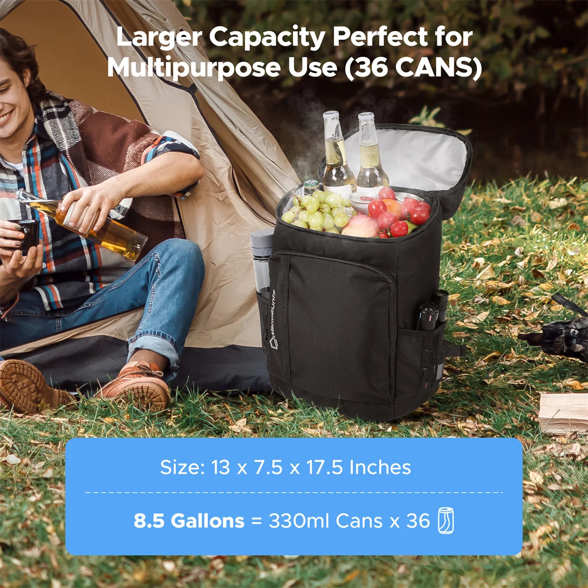 Ship from US Backpack Cooler Insulated 35 Cans w Insulating Cover Upgraded Leakproof Soft 2 Compartment for Camping 250304FBB