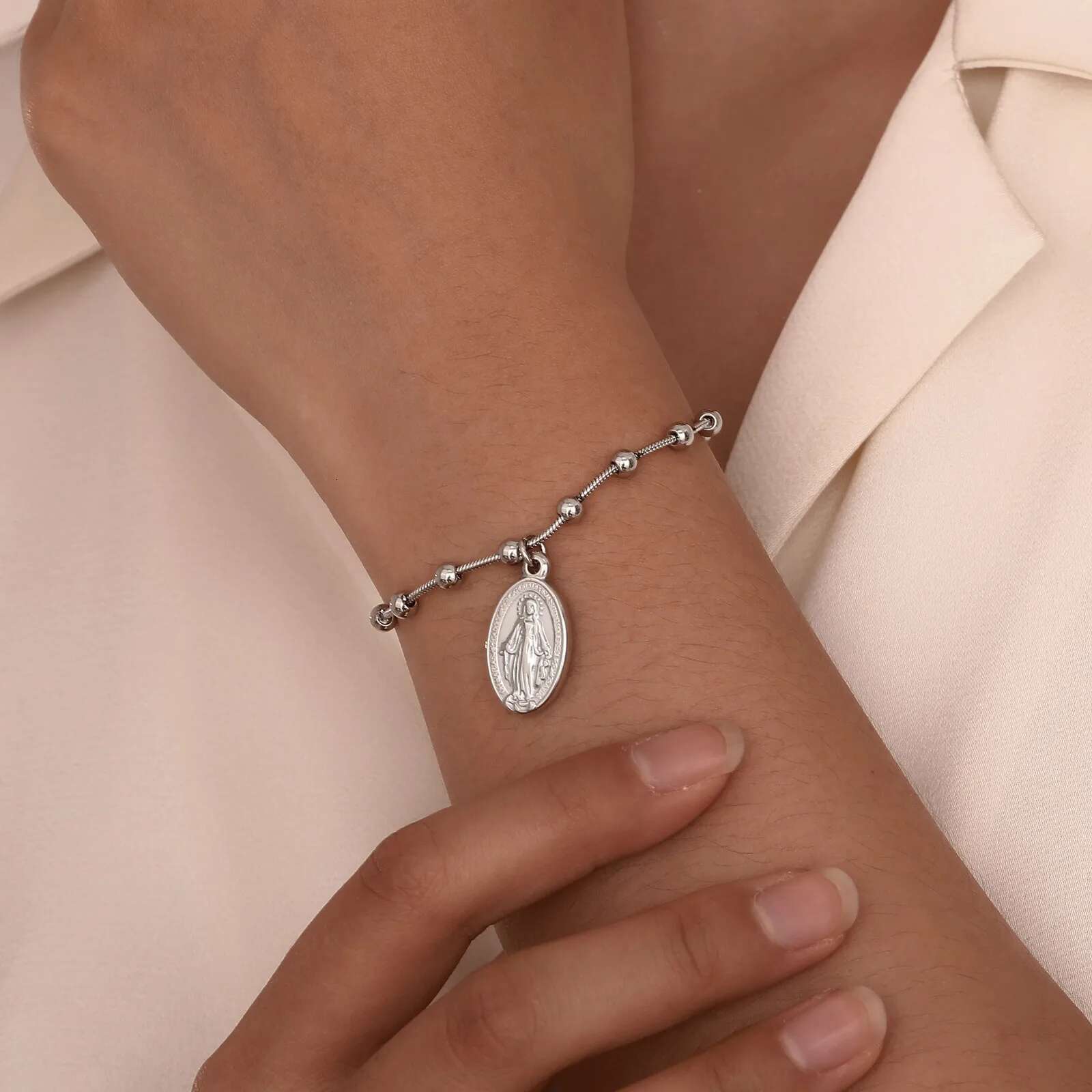 Bracelet for Women Girls, Gold Plated Stainless Steel Religious Cross and Virgin Mary Prayer Bracelets Gifts