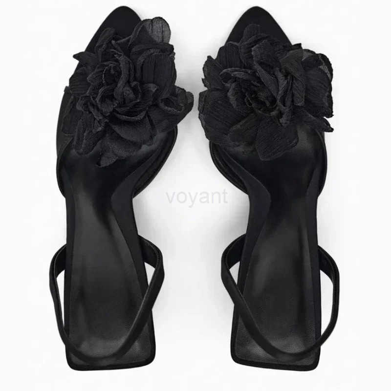 Mesh Flower Designer High H Wen 2025 New Open Toe Elegant Sandals Fem Black Designer Slingback Shoes Sandalias De Mujer Z250304