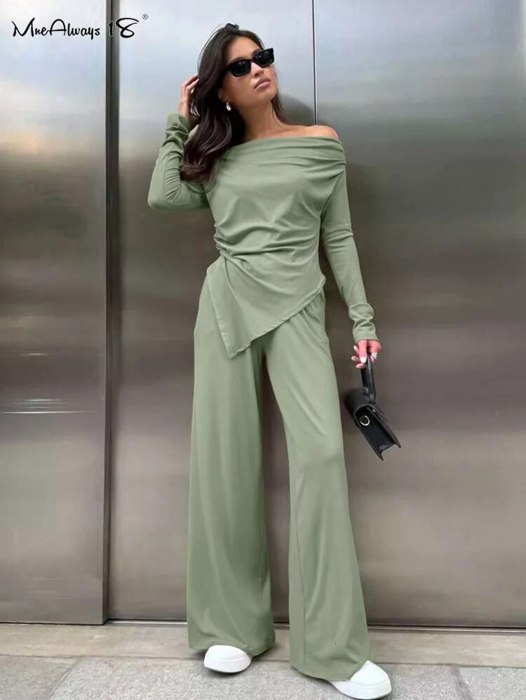 Gray Office Knitwear Pants Sets Women Slash Neck Tees And Wide Legs Trousers Solid Two Pieces Suits Spring 2024 Lady