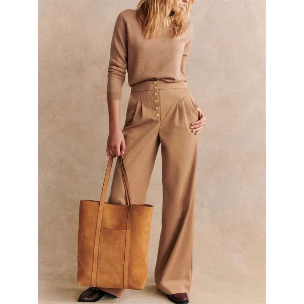 High Waist Long Pants Women Gold Single Breasted Casual 3 Colors Female Wide Leg Trousers 2025 Spring