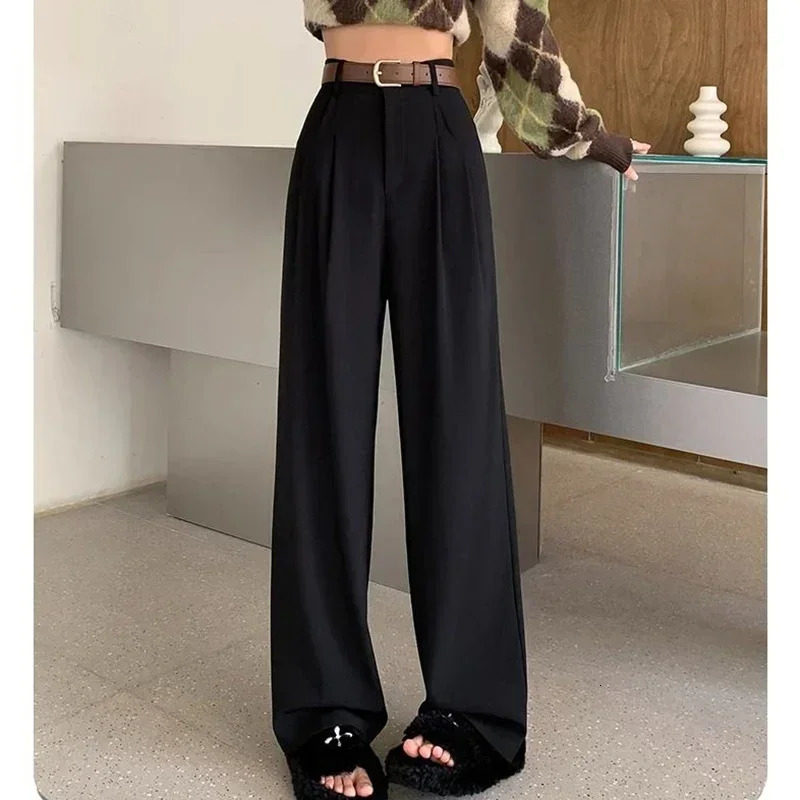 Women Fashion Suit Pants Lady Breathable Baggy High Waist Wide Leg Trousers Lady Straight Leg Gray Classic Office Long Pants 250303