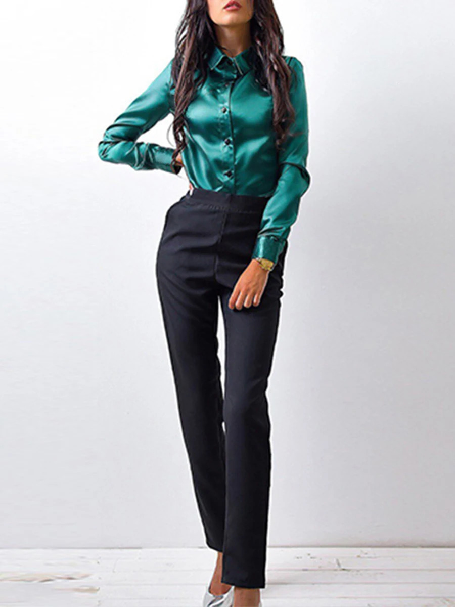 Female Spring and Autumn Clothing Girls Satin Shirt Long Sleeve Collar Button Top Womens Minimalist Wear 250303