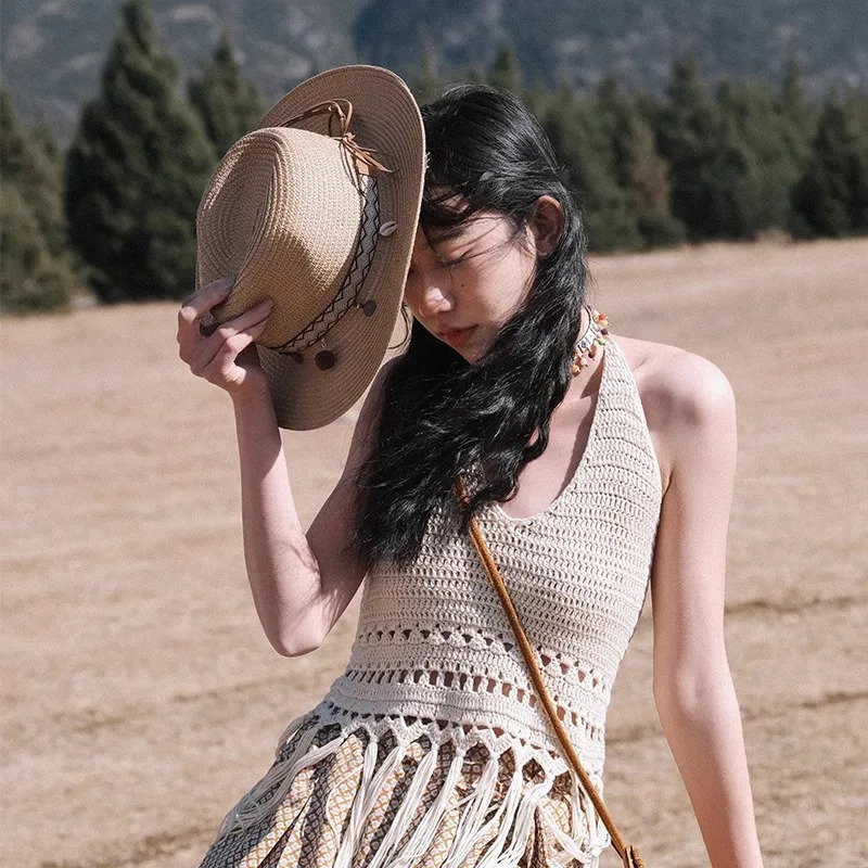 2025 Fashion Bohemia Style Vacation Straw Hat Women Beach Grassland Travel Retro Cowboy Sun Hat Womens Wide Brim Panama 250227