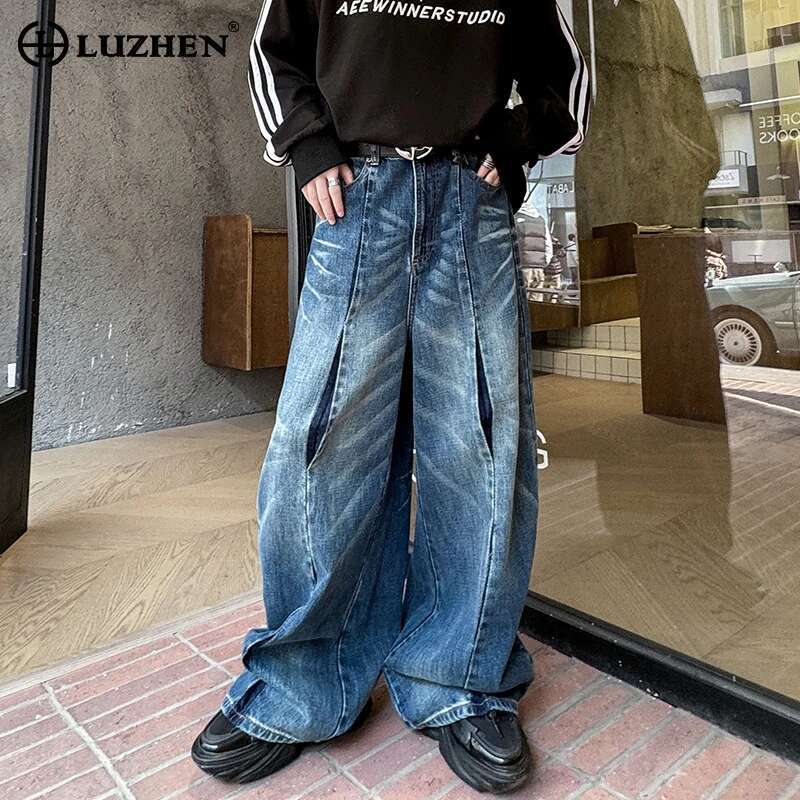 LUZHEN Fashion Japanese Style Loose Washed Jeans Men's High Street Original Wide Leg 2025 New Design Straight Denim Pants Lz1452