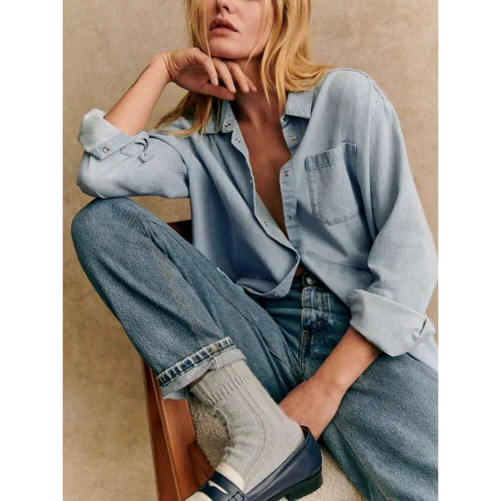 Women's Long Sleeve Irregular Denim Blouse Turn-Down Collar 2025 Summer New Female All-Match Single Breasted Shirt With Pocket