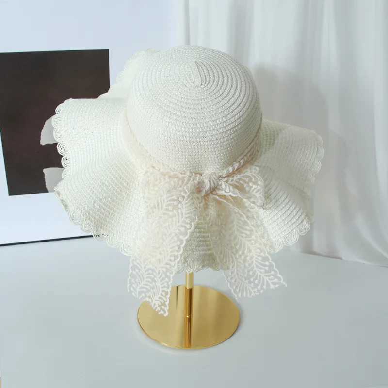 Womens Str Hat Spring and Summer Lace Bow Large Brim Breathable Foldable Sunshade Cs Beach C Sweet Fisherman Hat S131XJ250304