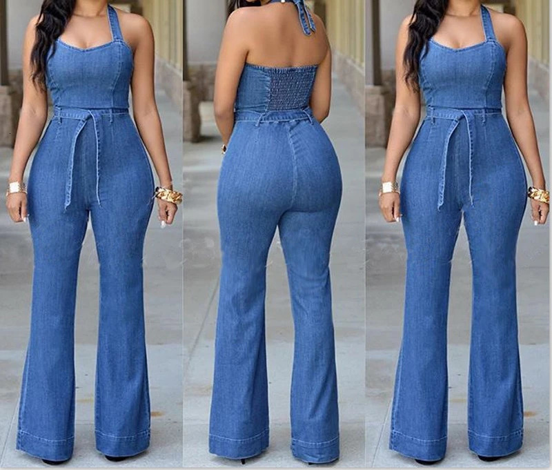 Women One Piece Solid Denim Jumpsuits Sleeveless V Neck Rompers Wide Leg Long Pants Overalls Sexy Slim Fit Hight Waist 250303