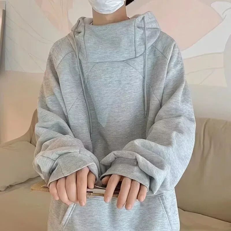 Autumn Turtleneck Fleece Hoodies For Men High Street Oversize Pullover Hoodie Unisex Y2K Vintage Hooded Sweatshirts Clothes 250304