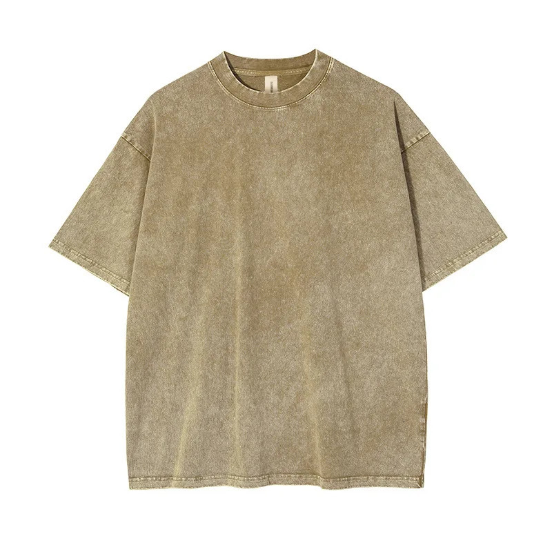 T-shirt for Men Cotton Loose O-Neck Solid Color Mens Casual Vintage Short Sleeve Tees Tops Hip Hop Streetwear Washed Tshirts 250304