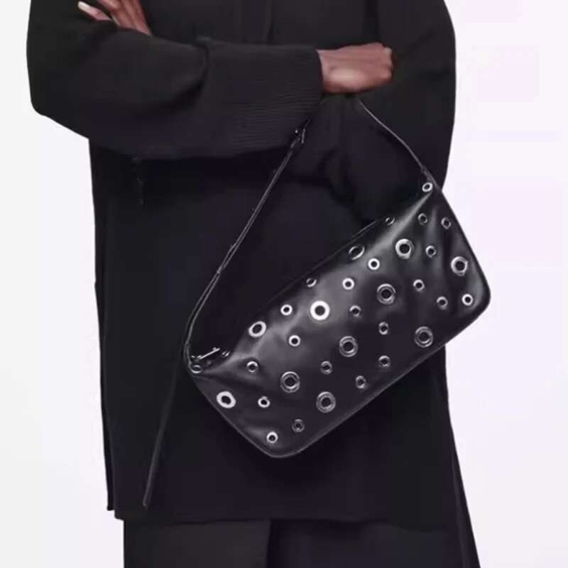 Retro Fashion Metal Rivet Underarm Black Motorcycle Hobo 2025 New Shoulder Bag