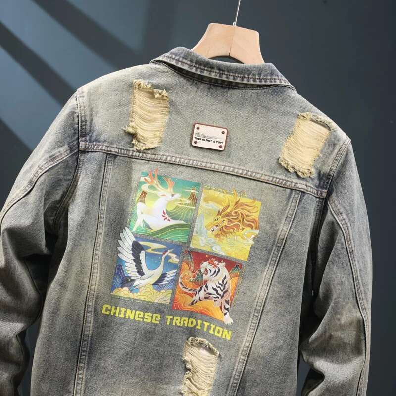 Washed Vintage Denim Men's Fashion Ing Printing 2024 New Autumn High-End Design Ripped Jacket