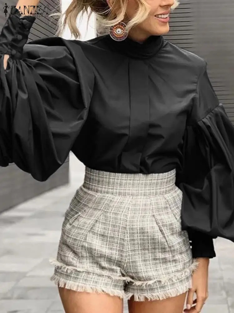 ZANZEA Casual Solid Color Shirts Women Long Lantern Sleeve Blouse Office Lady Pleating Tops Fashion Stand Collar Tunics 250228