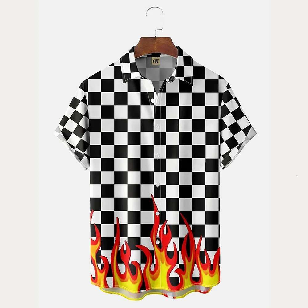 2025 Summer New Designer Printed Men's Flame Printed Hawaiian Casual Short Sleeve Top Fashion Beach Vacation Shirt Men's Summer Plus Size Cl