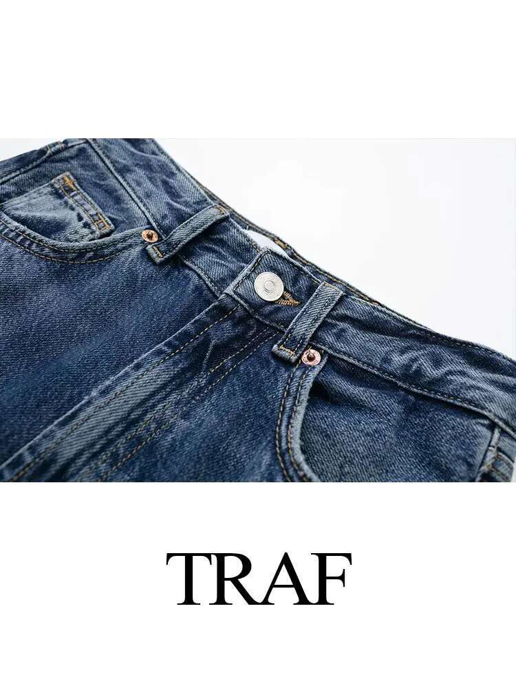 TRAF 2024 Women's Street Trendy Denim Deconstructed Trousers Embellished Mid-Waist Wide Leg Pockets Versatile Jeans