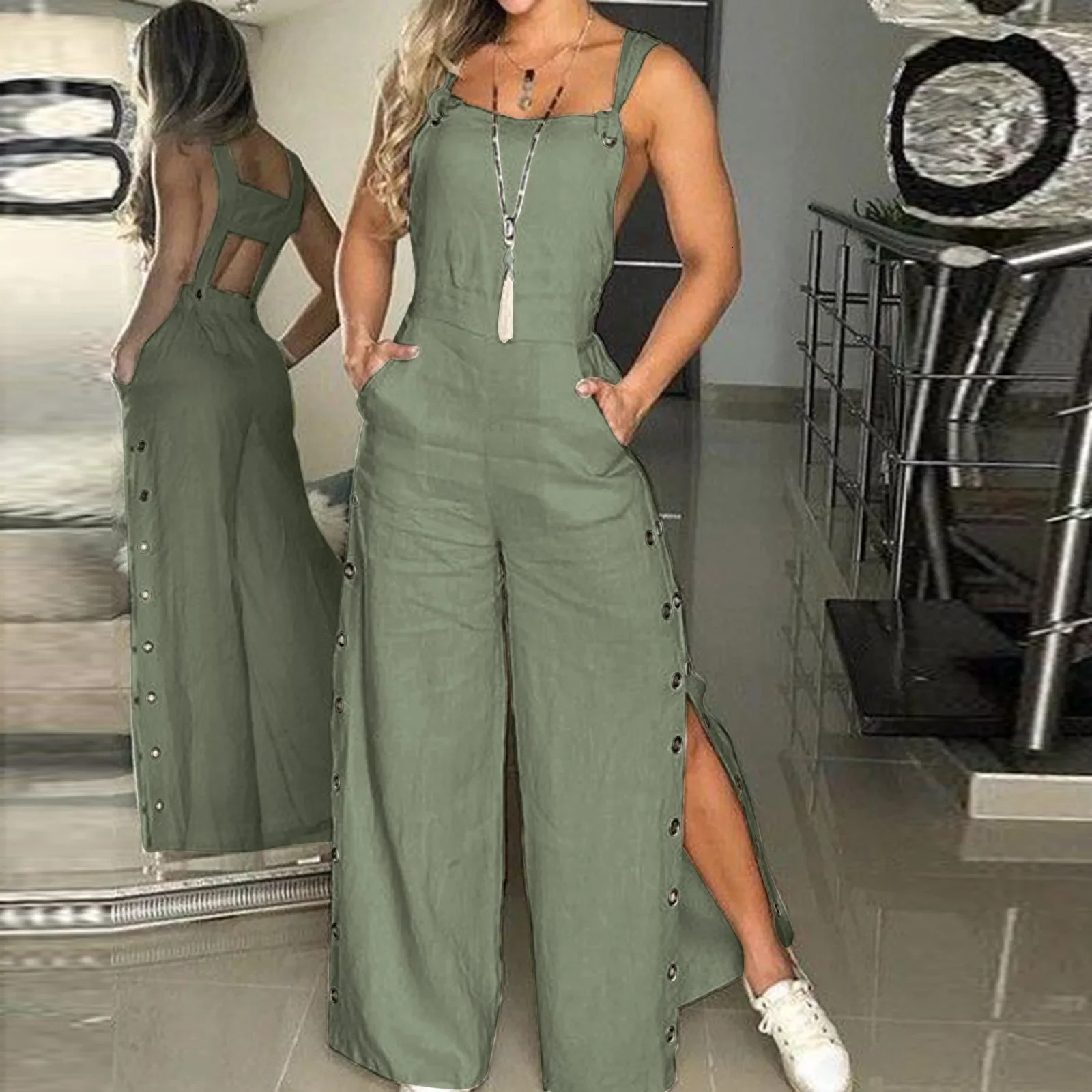 Summer Fashion Womens Sleeveless Jumpsuit Rompers Ladies Solid Wide Leg Button Openings Long Trousers Suspenders Overalls Pocket 250303