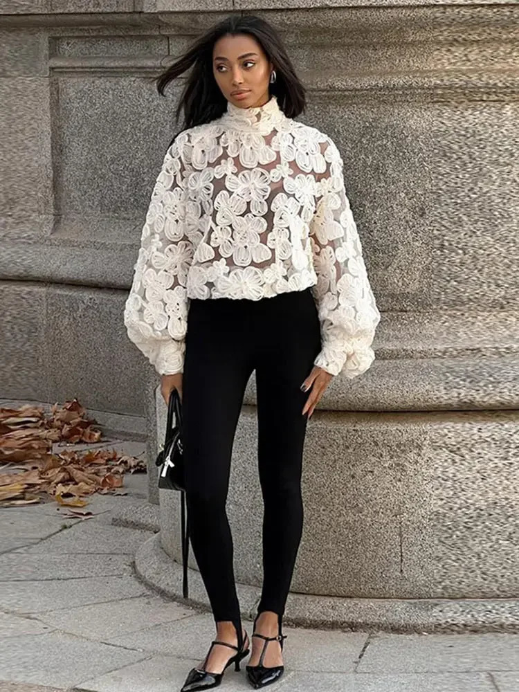 Sexy See Through Mesh Shirts Women Elegant 3D Flower Lantern Long Sleeve Patchwork Female Shirt Spring Fashion Lady Tops 250228