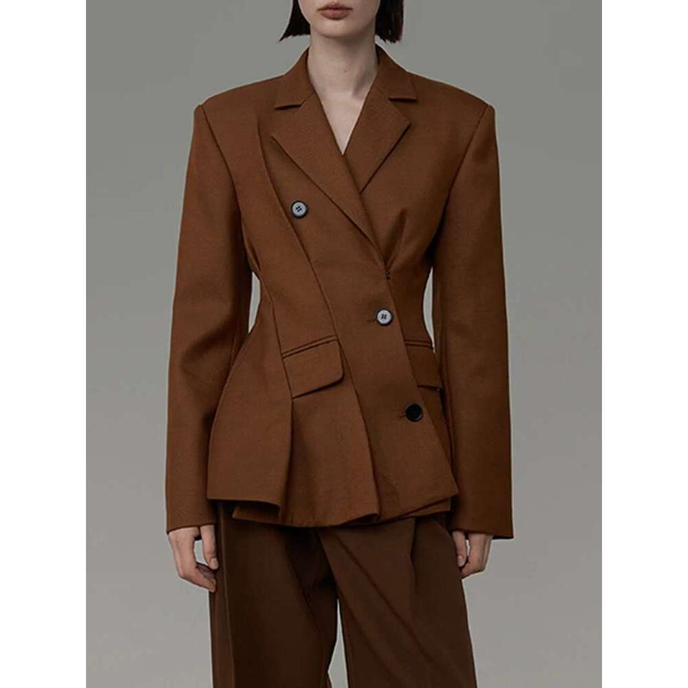 Fashion Women's Blazer Notched Collar Long Sleeve Diagonal Single Breasted Folds Waist Suit Jacket Spring 2025 New 7Ab1120