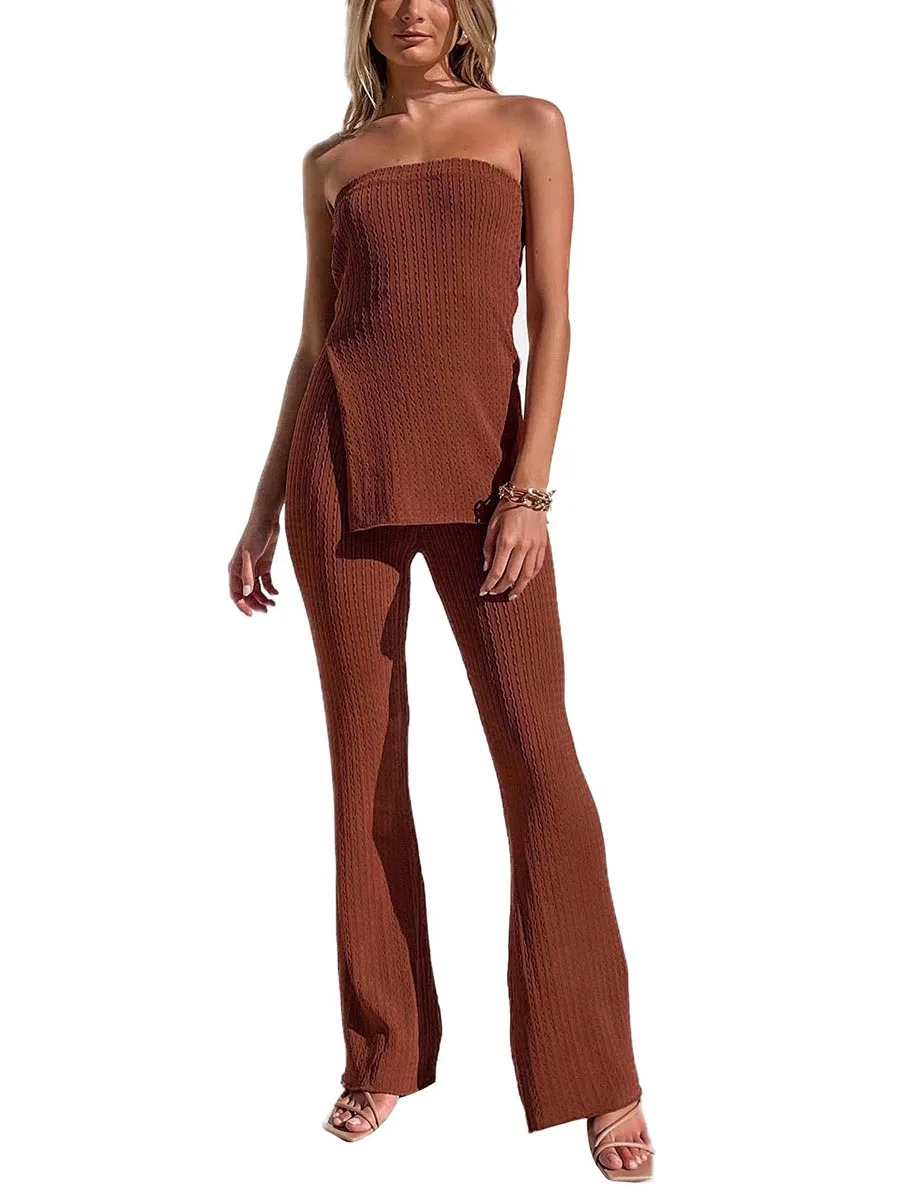 Womens 2piece Knitted Pants Set Strapless Vest Wide Legs Tracksuit Lounge Summer 250225