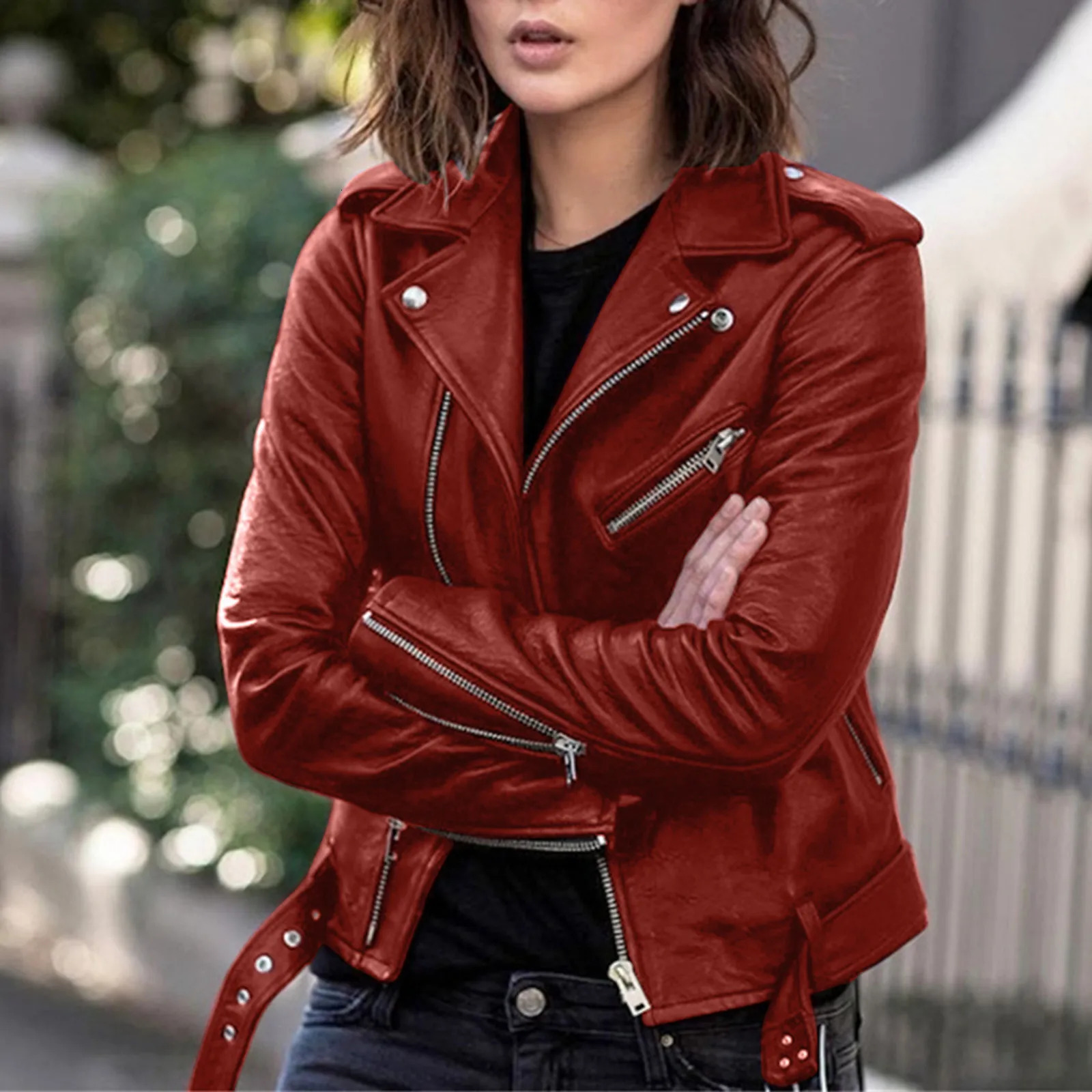 Womens casual autumn jacket womens Plus size fashionable synthetic leather long sleeved zipper fit family 250226