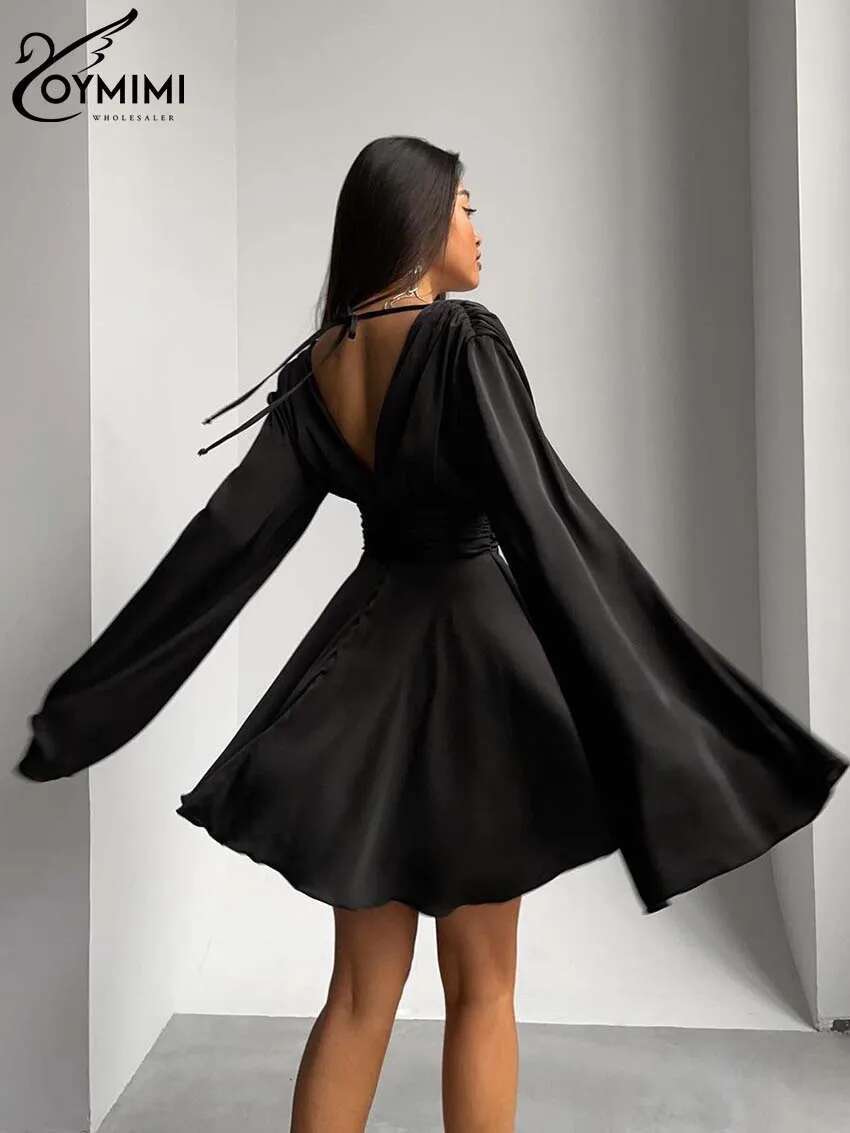 Oymimi Elegant Black Lace-Up Women's Dress Fashion Open Back Deep V-Neck Long Sleeve Casual New Pleated Mini Dresses