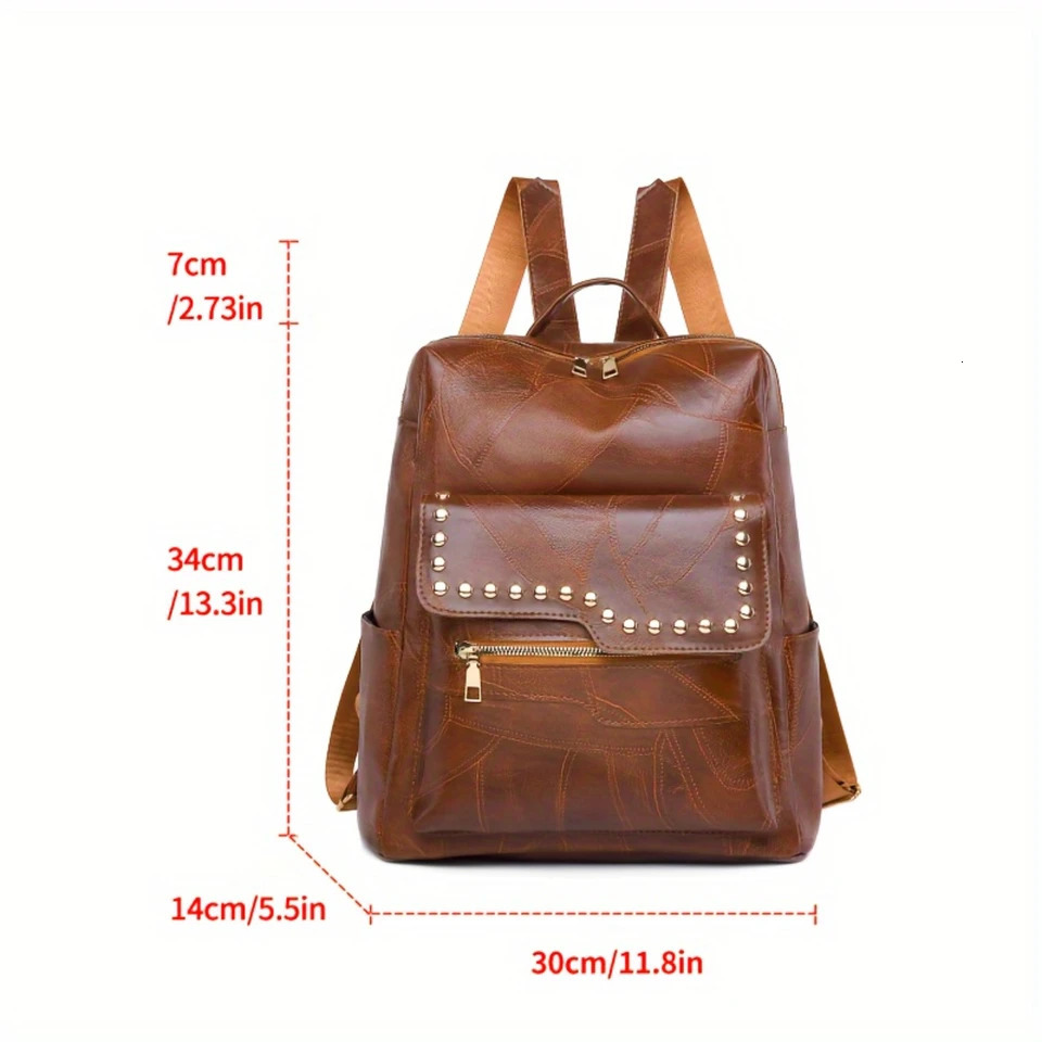 Ship from US Retro Studded Backpack Casual Vegan Leather Knapsack Portable Computer Daypack Schoolbag Travel Work Rucksack 250304FBB