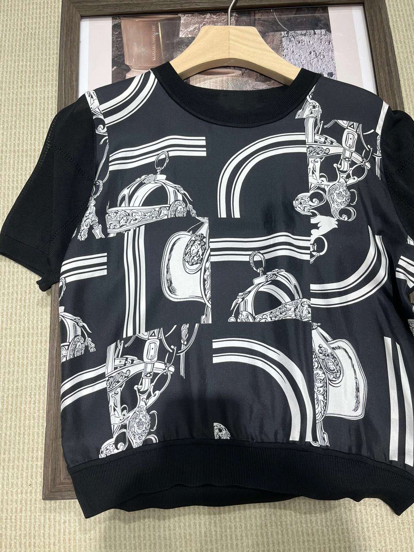 2024 Spring 24Ss New Fashion Chain Knitted Print SILK Designer Tee T Shirts Top Brand Clothing For Women