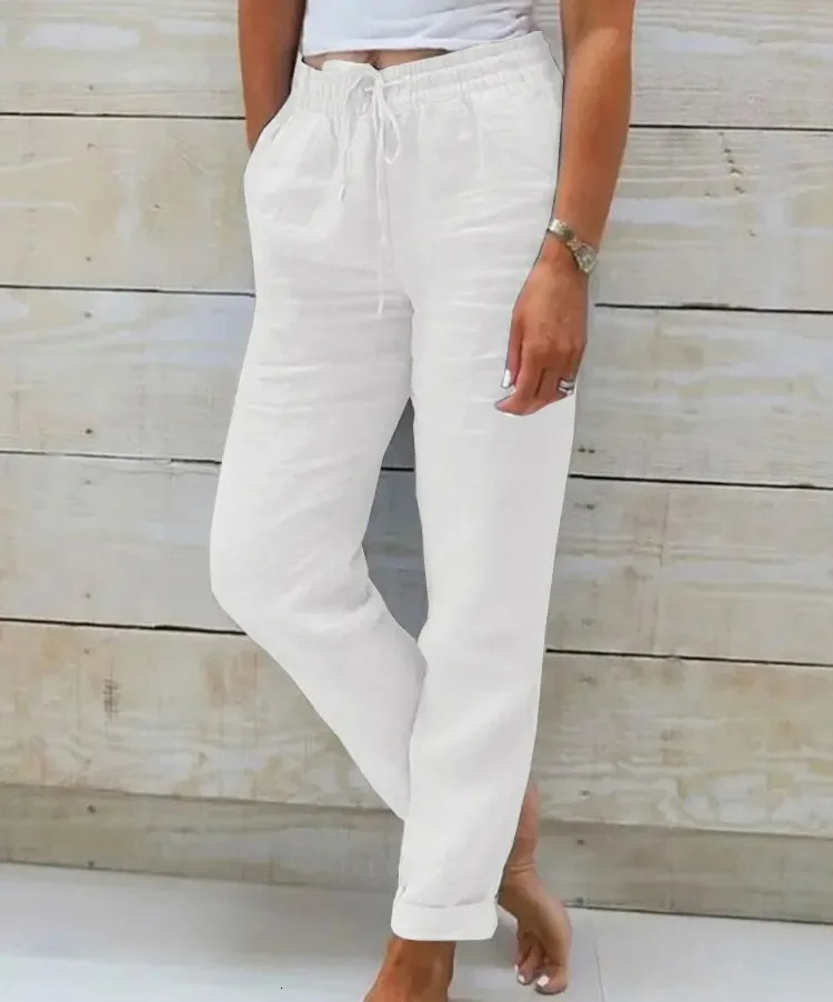 Cotton Linen Summer Pants for Women High Waist Elastic Casual Trousers Streetwear Solid Female Clothes Loose Pencil Pants 250303