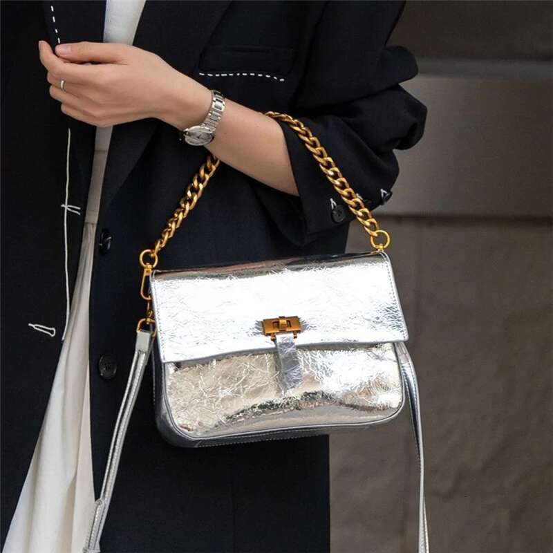 Shiny Cowhide Genuine Leather Shoulder Bags For Women Trend Designer Flap Crossbody Purses Chain Ladies Handbags