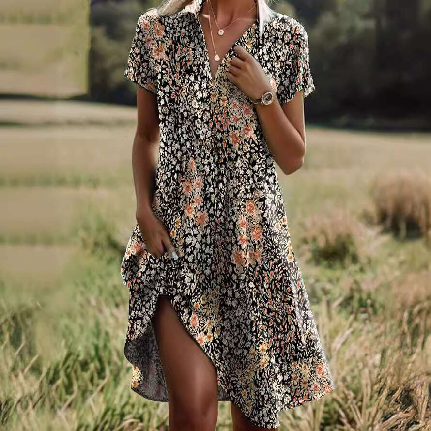 European and American Summer New Round Neck Short sleeved Long Skirt Bohemian Printed Dress Women's 2025 temperament versatile new trendy clothin