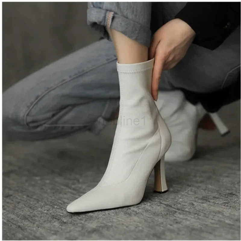 Wen High Heeled Boots Autumn and Winter New Fion Sexy Pointed Toe Wen Elastic Short High Heeled Boots Z250304