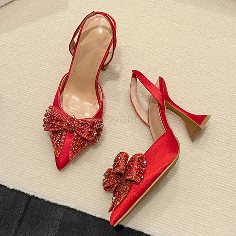 Liyke Fi Sequi Crystal Bowknot Wen Pumps Sexy Pointed Toe Red High H Wedding Banquet Shoes Ladies Slingback Sandal Z250304