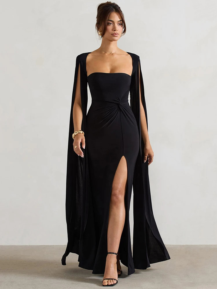 Long Sleeve Black Evening Gown: Women's Solid Square Collar Split Maxi Dress - Elegant & Sexy C260312