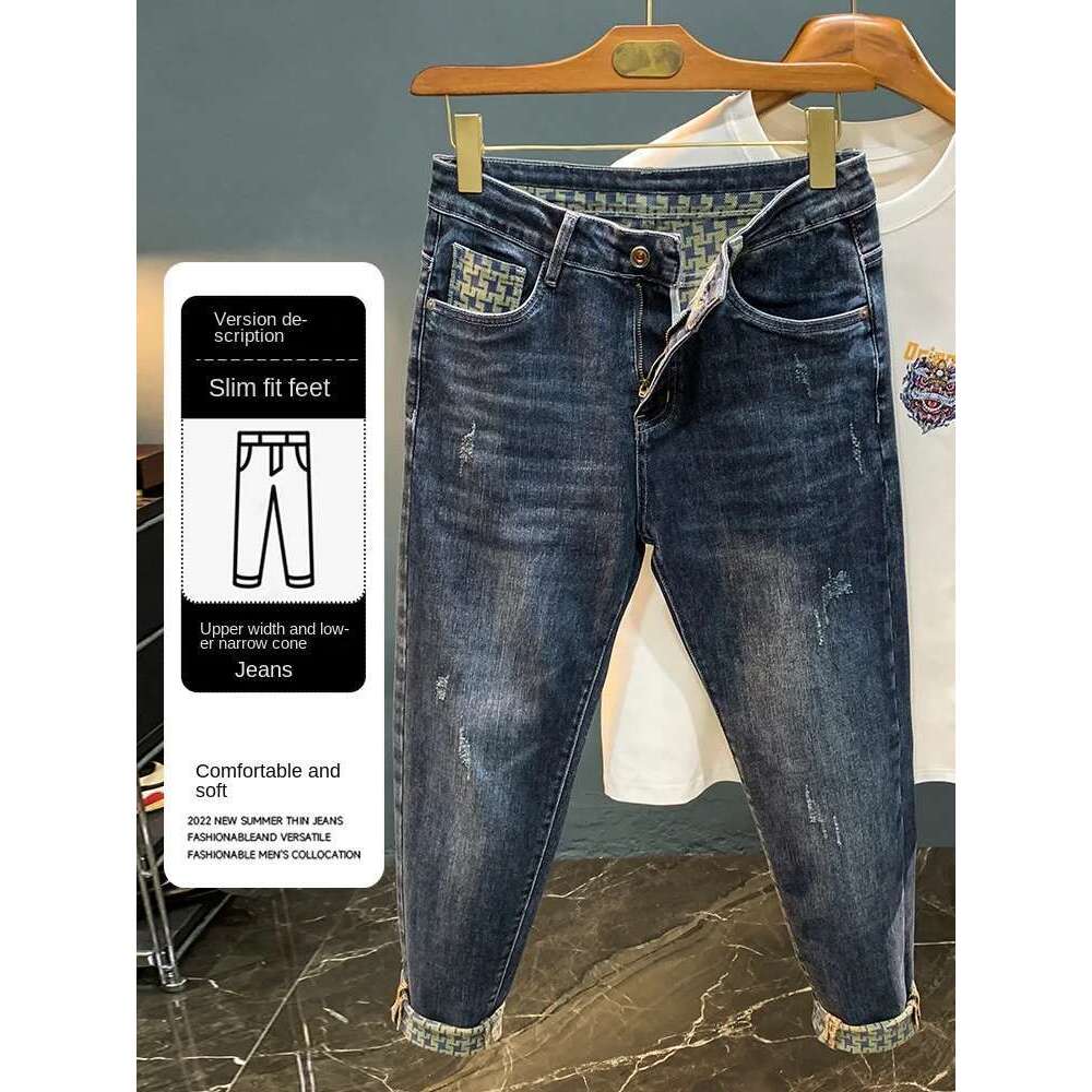 Spring New Trendy Jeans For Men's High End Light Fashion Print Elastic Casual Straight Fit Loose Cotton Denim Pants