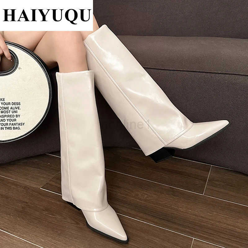 Knee High H Wen Boots Leather Chunky Fion Shoes Pointed Toe Snow Long Boots New Designer Pumps Punk Botas Mujer Z250304
