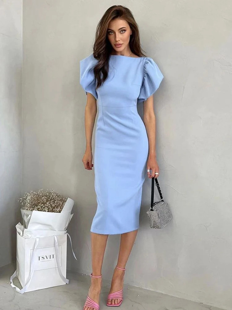 Elegant Lantern sleeves Solid Blue Dress for Women Summer Slim Midi Dress Female Office Lady High Street Party Club Vestidos Fem 250303