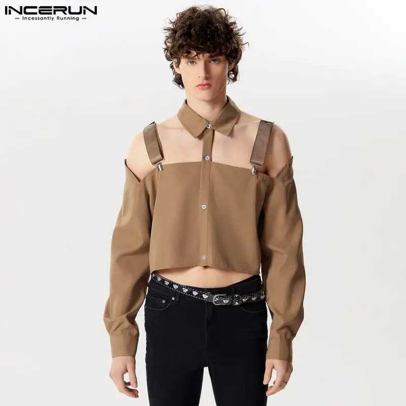 Mens Shirt Hollow Out Lapel Long Sleeve Button Male Crop Tops Sexy Solid Color Streetwear Fashion Casual Camisas INCERUN 250304