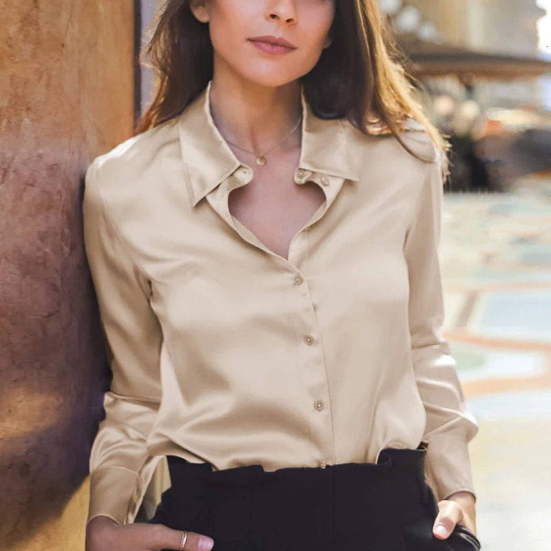 Elegant Black White Shirt Women Spring Autumn Long Sleeve Silk Satin Blouses For Women Fashion Turn Down Collar Button Shirt 250303