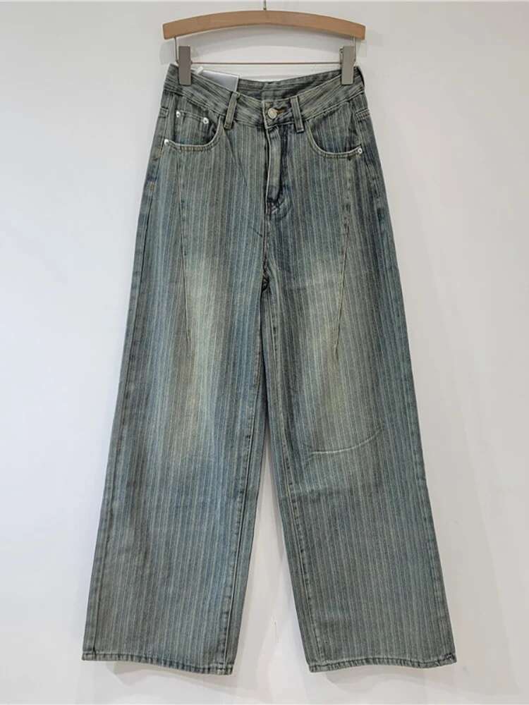 DEAT Women's Jeans High Waist Washed Striped Loose Straight Wide Leg Vintage Causal Denim Pants 2025 Spring New Fashion 29L8450
