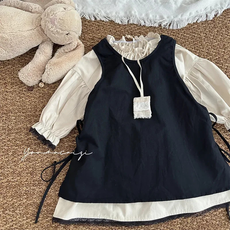 4768 Children Dress Set Autumn Korean Retro Girls Lace Skirt 2piece 250303